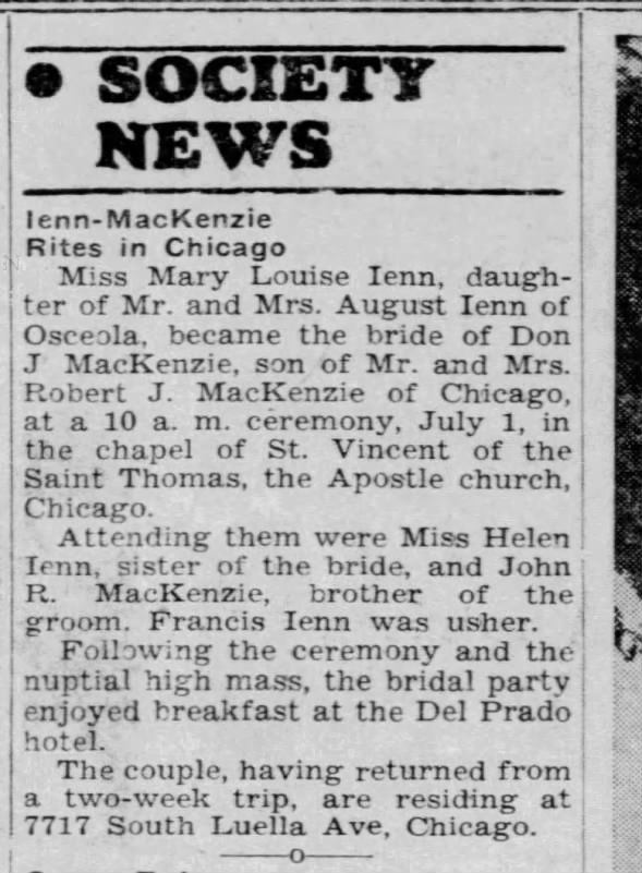 The Columbus Telegram (Columbus, Nebraska) 13 Jul 1950 Mary and Donald's wedding announcement